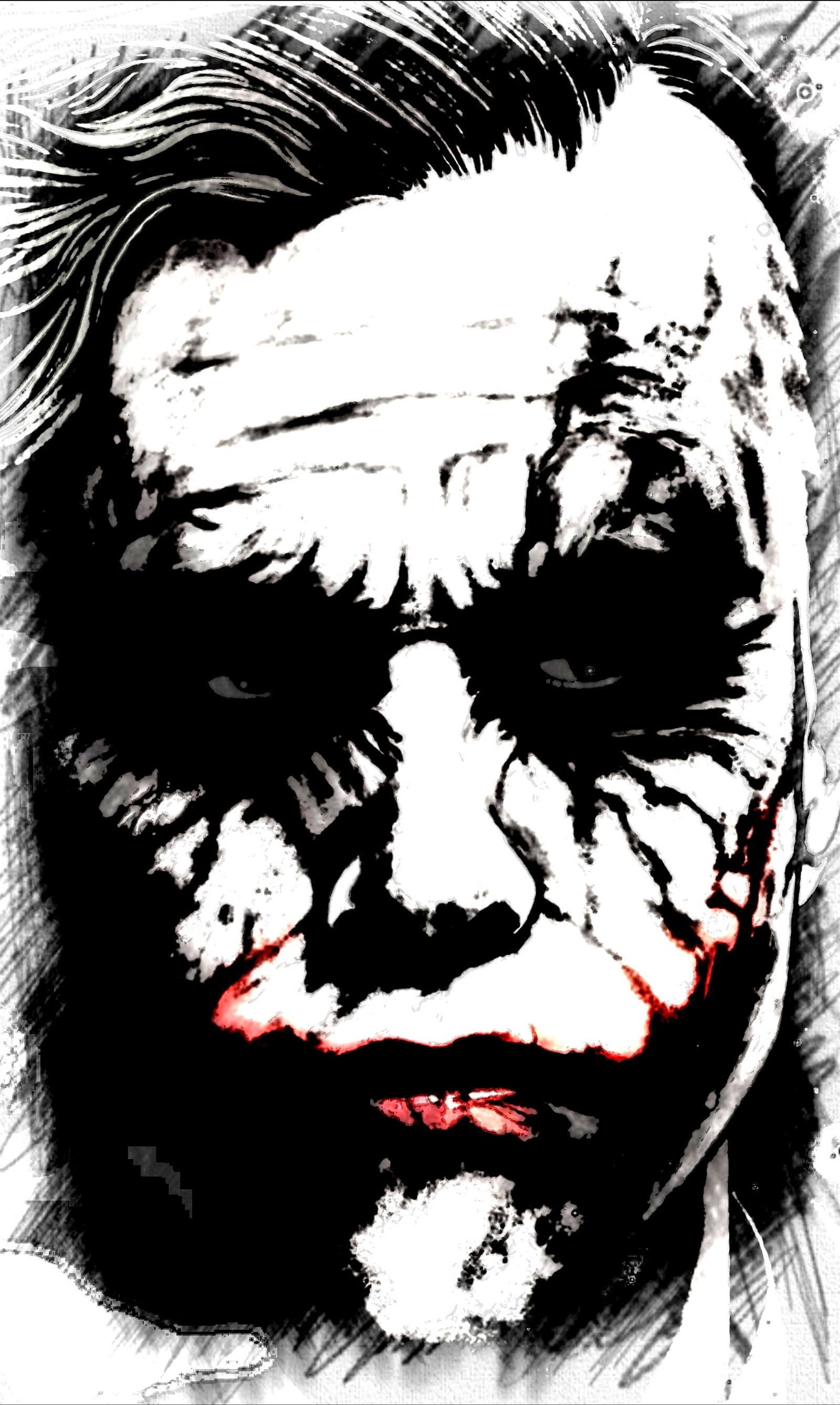 A close up of a drawing of a joker face with a red nose (batman, joker)