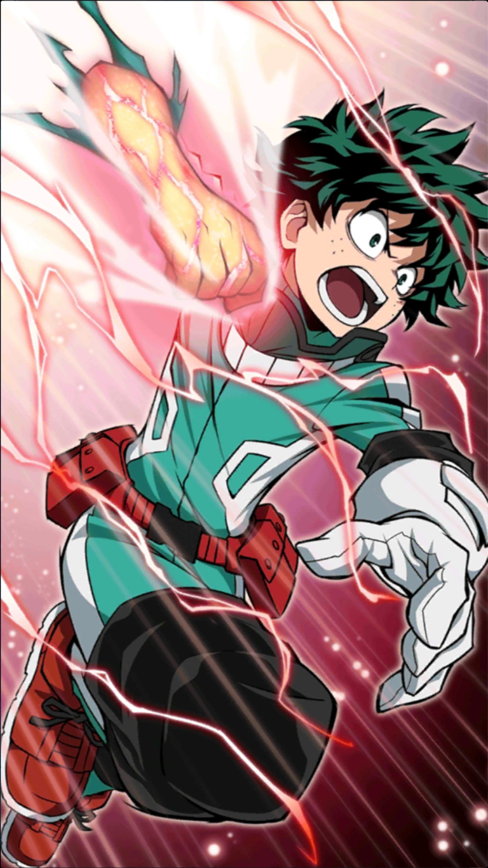 Un primer plano de un personaje de dibujos animados con una bola de fuego en la mano (anime, héroe, izuku midoriya)