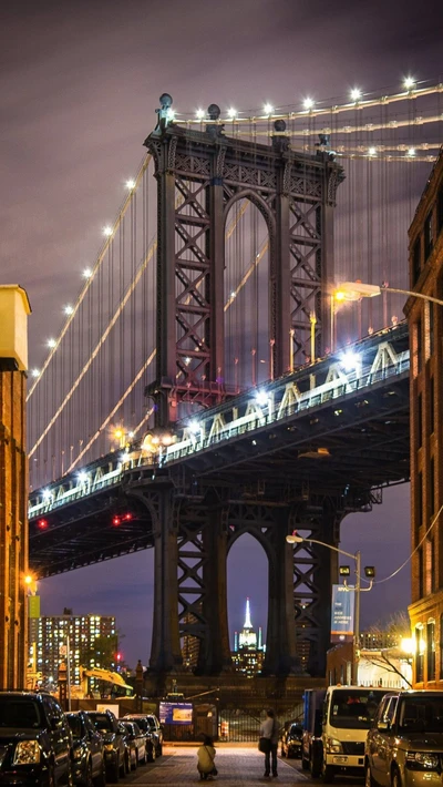 puente, ciudad, noche