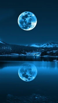 Serene Night Over a Blue Lake with Moonlit Reflection