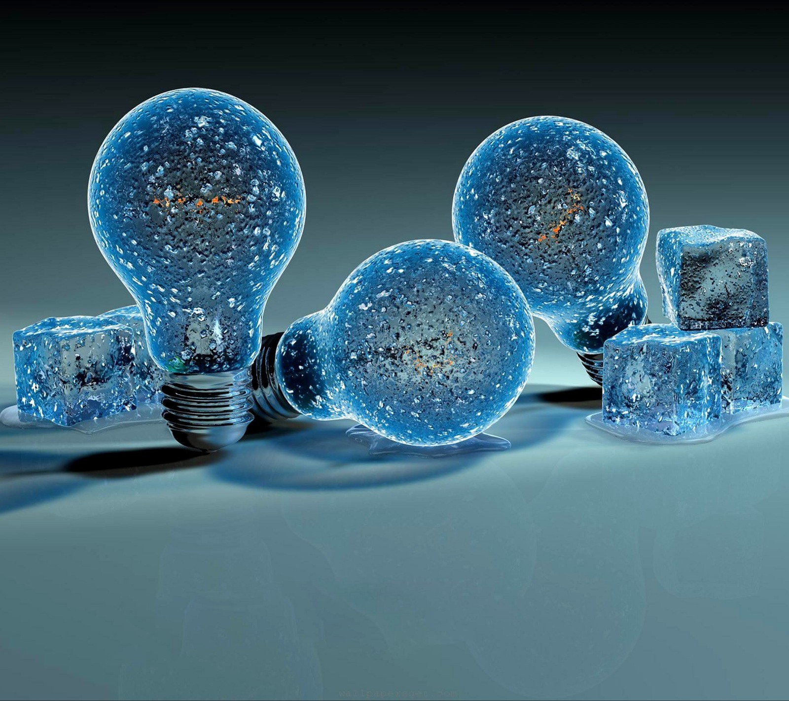 There are many ice cubes sitting around a light bulb (blue, ice, lamp)