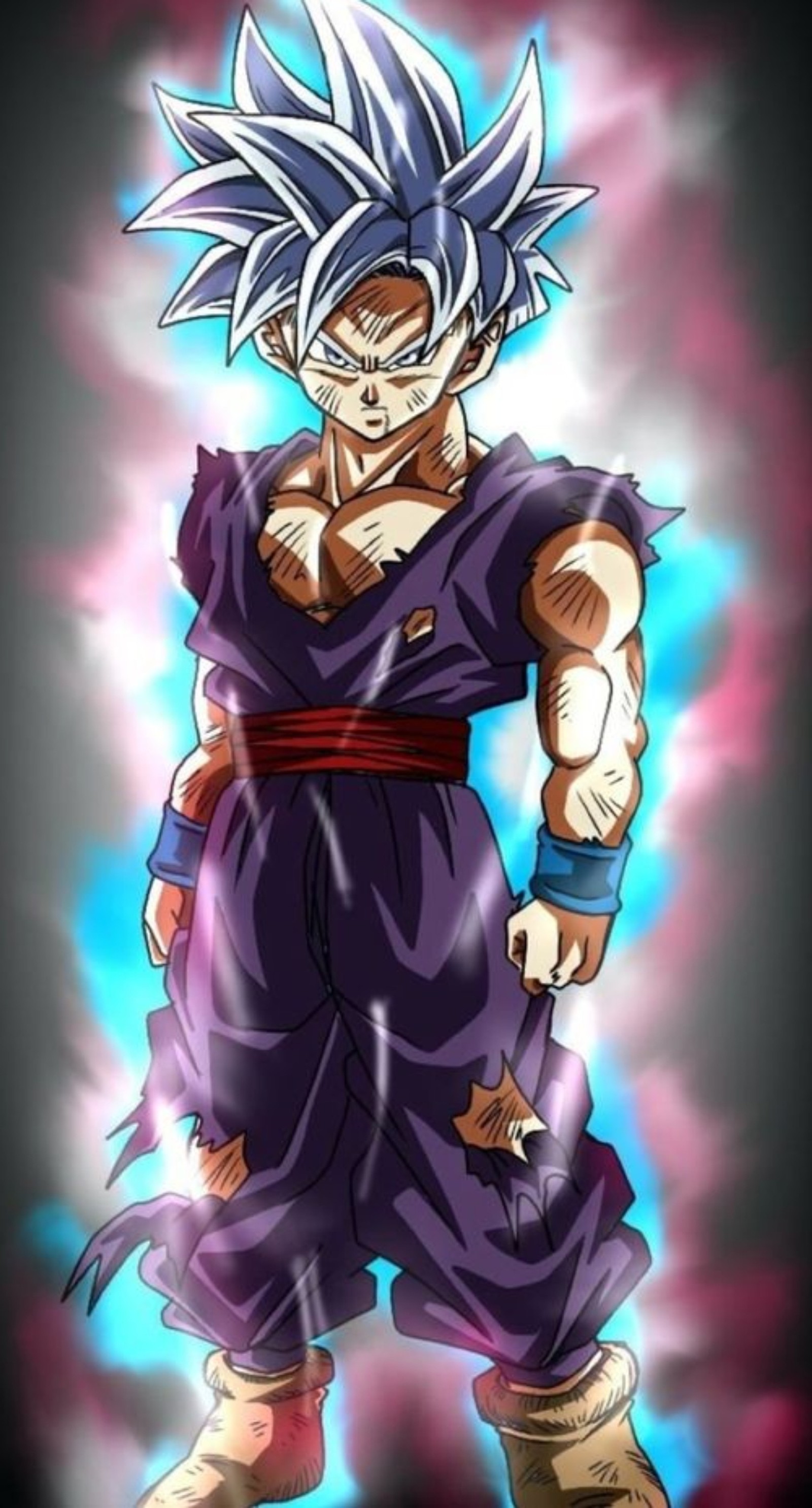 Un dibujo de un joven gohan con un fondo púrpura (pelota, dragón, dragon ball, dragon ball z, gohan)