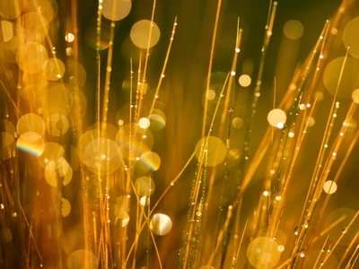 Morning Dew Drops Glowing on Golden Grass