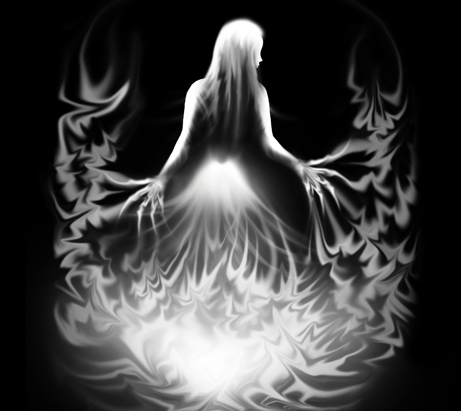 A black and white photo of a woman with wings in the dark (girl, smoke)