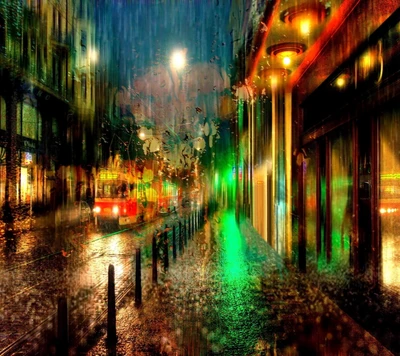 Vibrant City Lights Reflected on a Rain-Slicked Street at Night