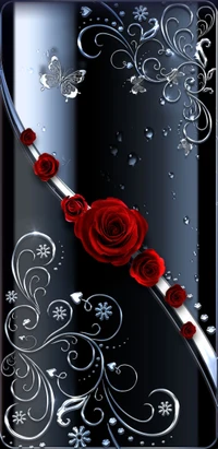 Fondo negro elegante con rosas rojas y acentos plateados