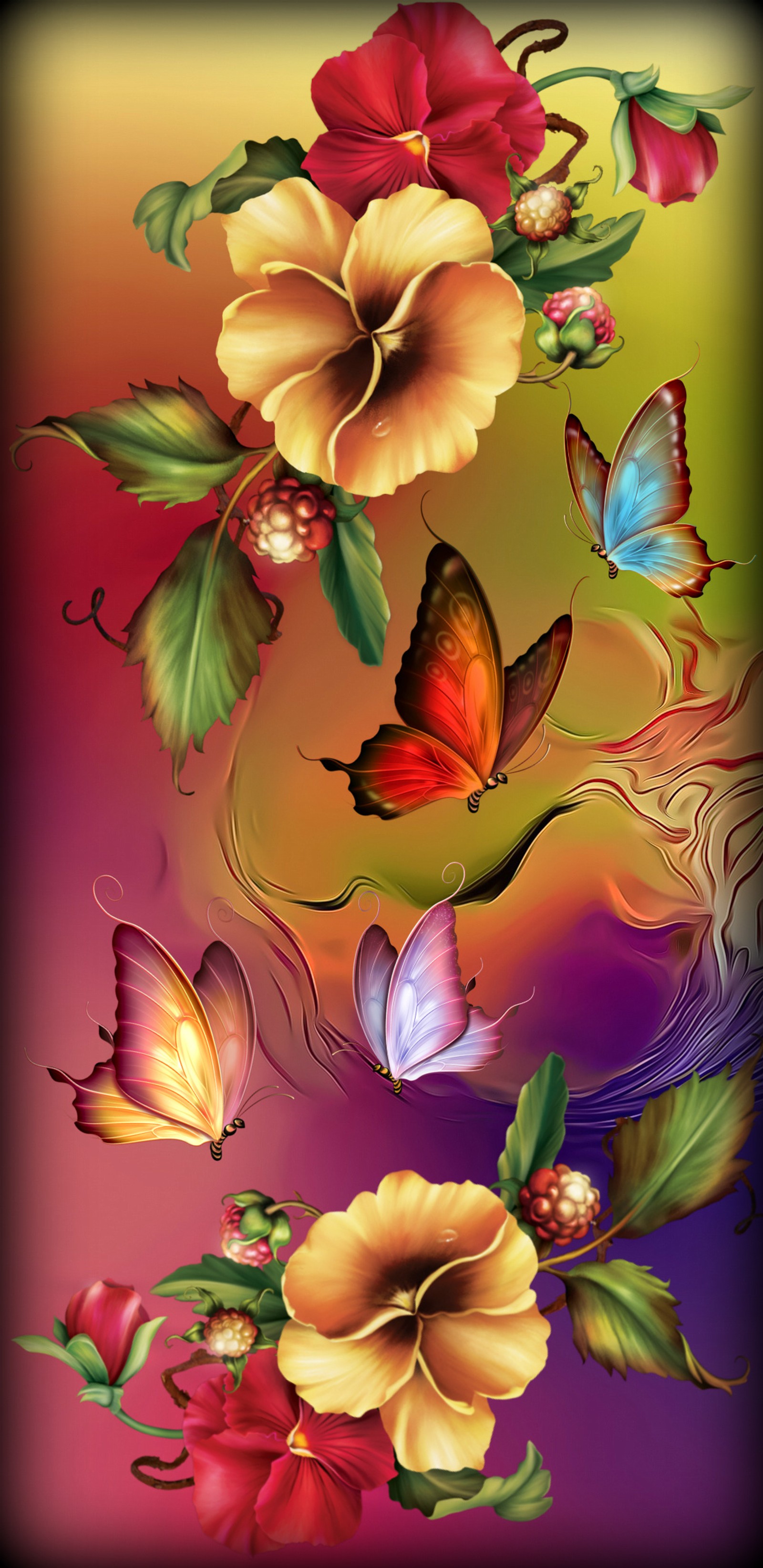 Des papillons et des fleurs volent autour d'un fond coloré. (papillon, couleurs, rêves, fantaisie, fleurs)