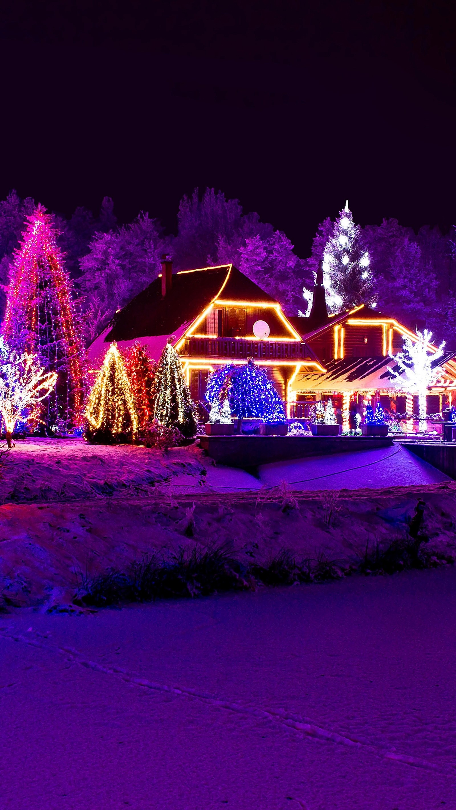 Ein haus mit weihnachtslichtern auf einer verschneiten straße (haus, weihnachten)