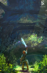 Link está de pé diante de um guardião misterioso em uma floresta exuberante