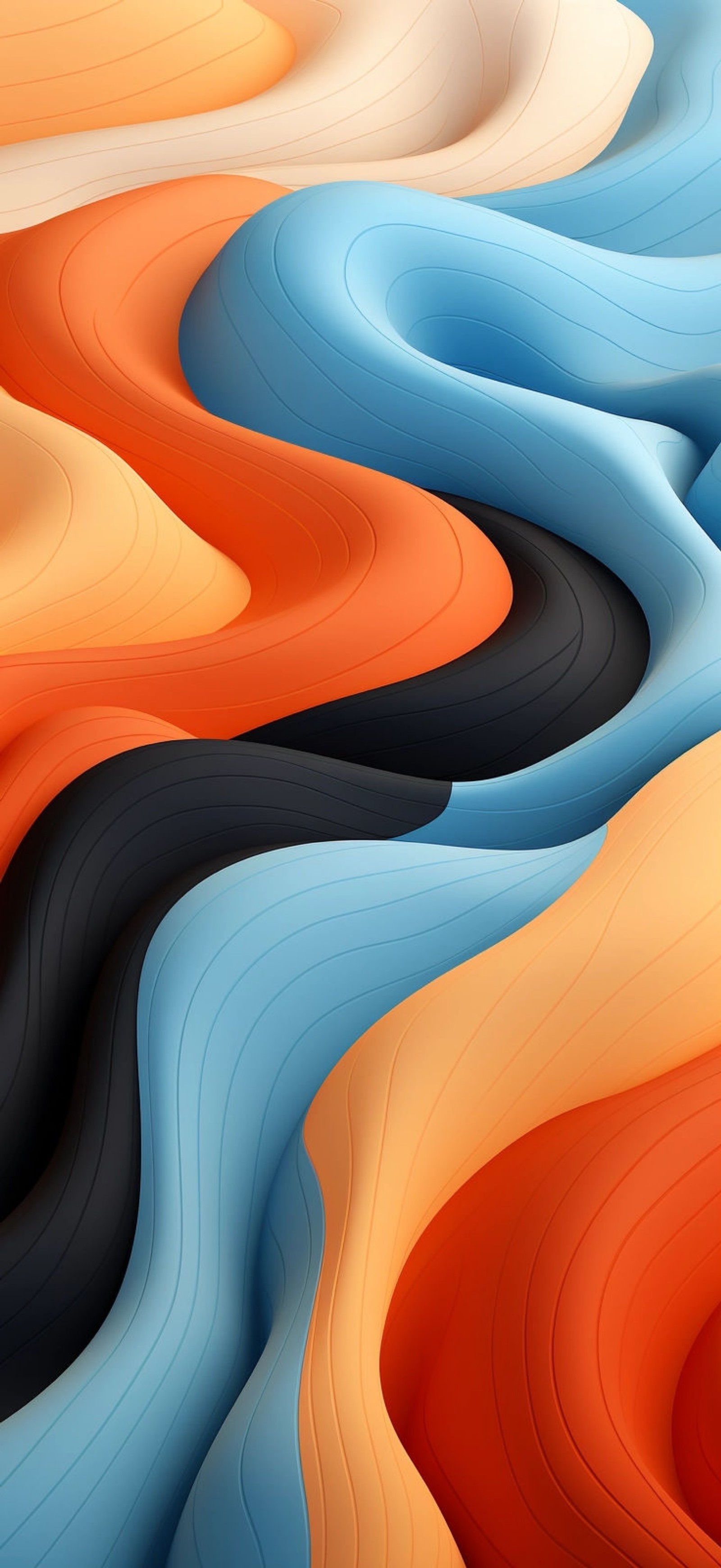 Abstract painting of a wavy pattern of orange, blue, and black (light, graphic design, painting, visual arts, blue)