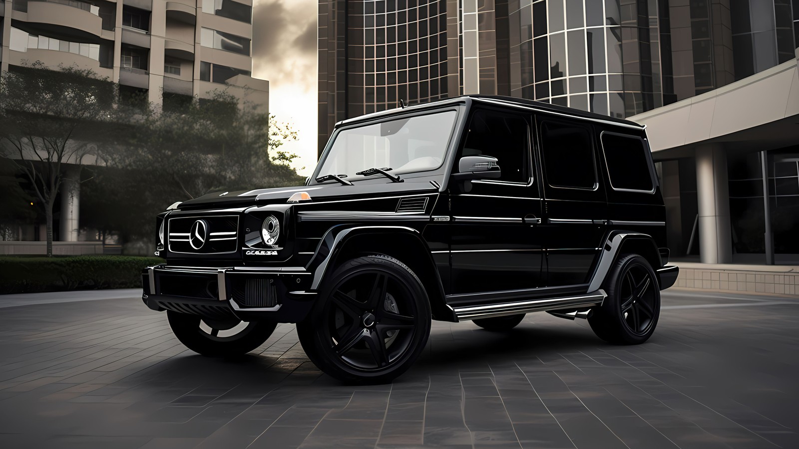 Vue aérienne d'un suv mercedes g-class noir garé devant un grand bâtiment (mercedes benz g class, g wagon, suv de luxe, 5k, mercedes amg g 63)