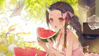 Nezuko Kamado aproveitando a melancia de verão