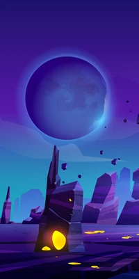 A vibrant, cartoonish illustration of a surreal alien landscape, featuring towering rock formations, glowing elements, and a large, luminous planet hovering in a purple and blue atmosphere.