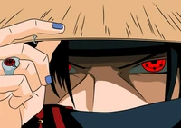 Itachi Uchiha revelando seu Sharingan em um retrato de anime impressionante