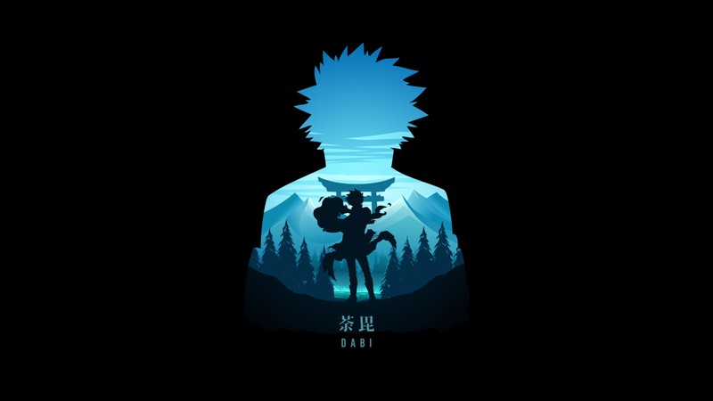 Силуэт мужчины с мечом на фоне леса (даби, dabi, иллюстрация, my hero academia, черный фон)