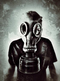 Monochrome Still Life of a Figure Wearing a Gas Mask and T-Shirt