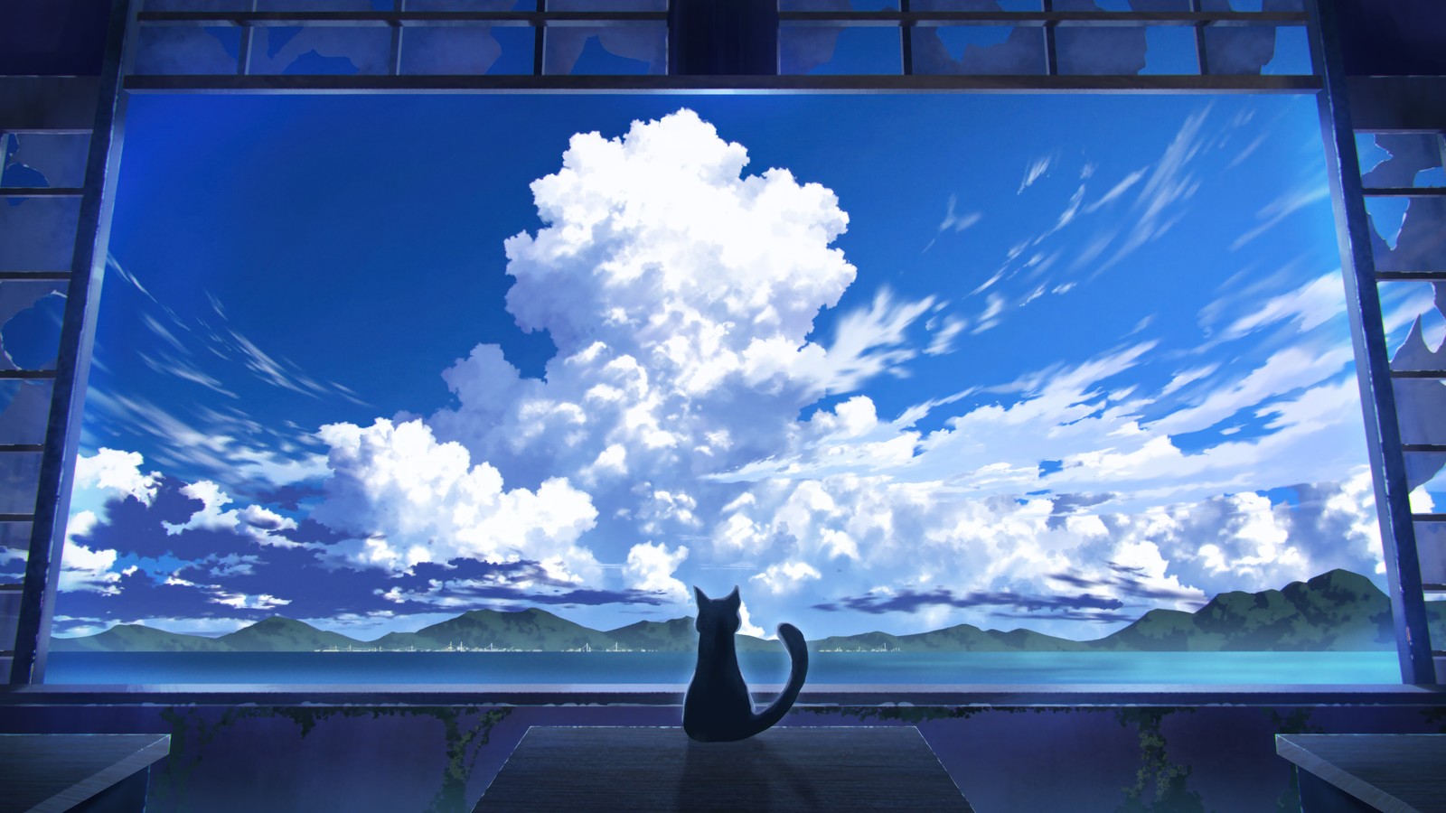 Anime, gato, nuvens, céu azul, janela, janela, vidro da janela (gato, anime, nuvens, céu, cenário)