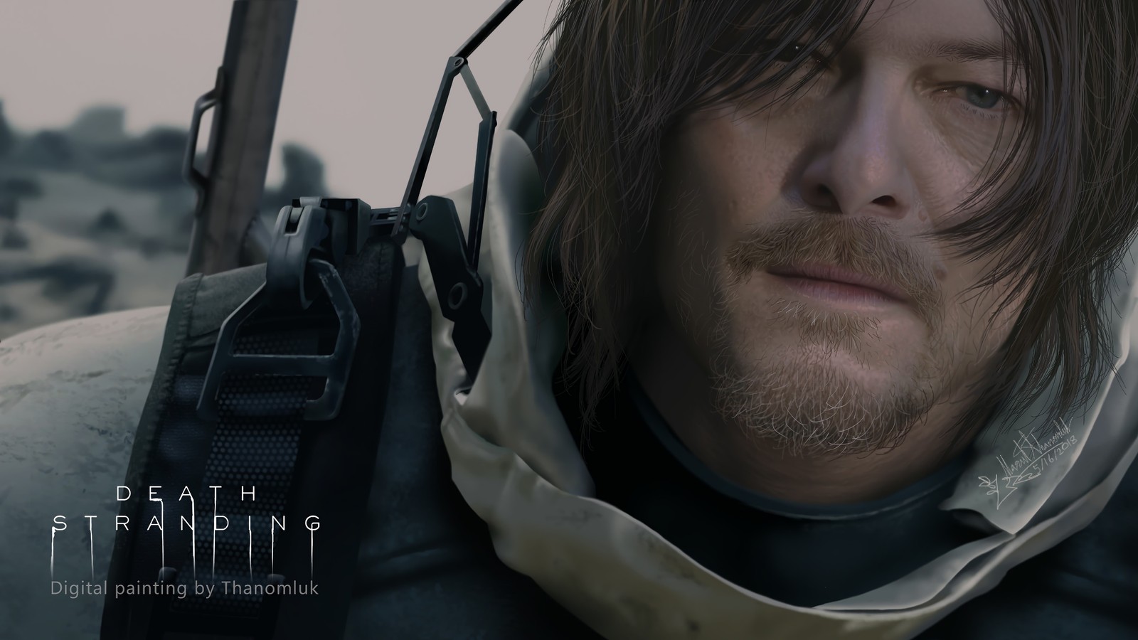 Крупный план человека с пистолетом на поле (death stranding, видеоигра, норман ридус, norman reedus)