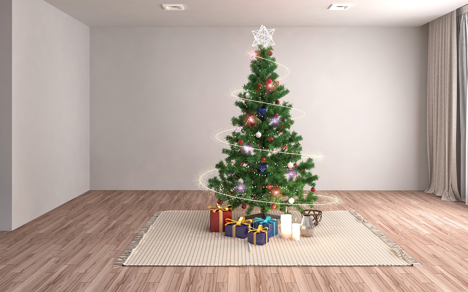 Gros plan d'un sapin de noël avec des cadeaux sur un tapis (sapin de noël, noël, arbre, décoration de noël, ornement de noël)