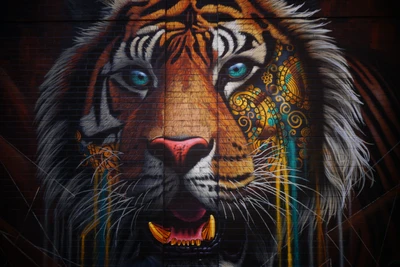 Mural de arte callejera vibrante de un tigre de Bengala con diseños intrincados y llamativos ojos azules