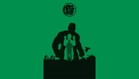 Silhouette du Hulk avec un fond vert dramatique, mêlant des éléments de design graphique et d'illustration.