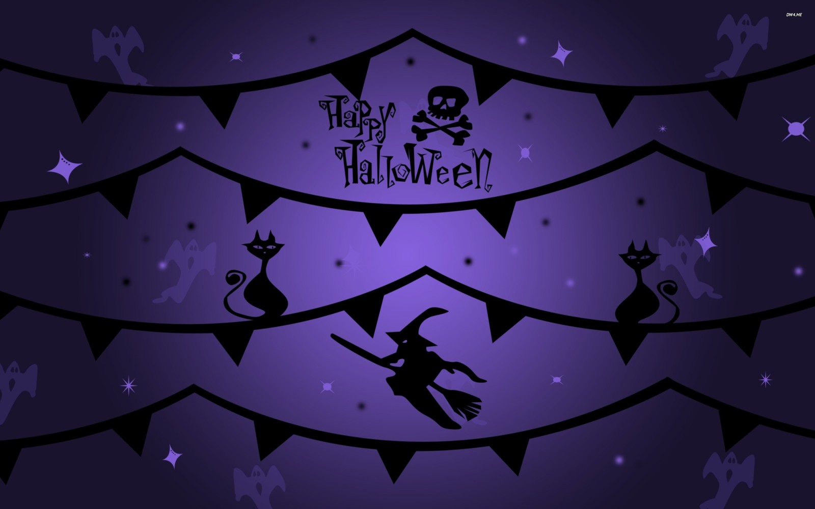 Um papel de parede roxo de halloween com um gato preto e uma bruxa em uma vassoura (gráficos, design, roxo, violeta, padrão)