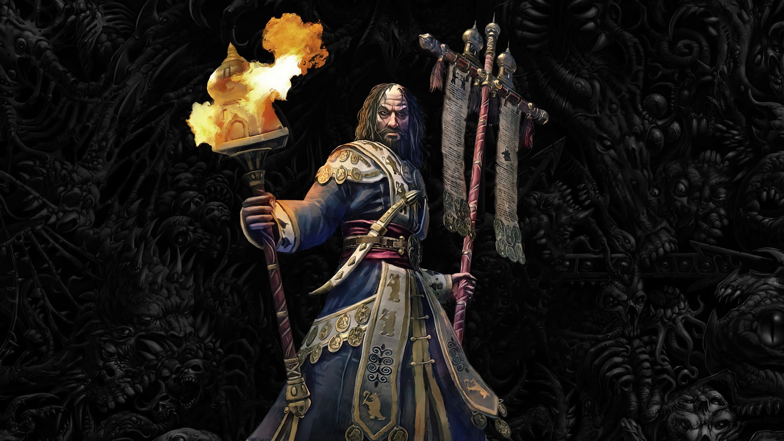 A close up of a statue of a man holding a torch (total warhammer iii, video game, total warhammer 3, kostaltyn)