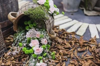 Arrangement floral fantaisiste avec pot en terre cuite et feuilles sèches