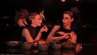 Akali y Kai'Sa disfrutando de una cena acogedora juntas