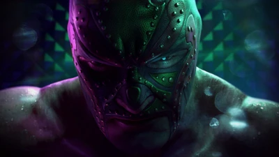 Intensives Charakterporträt aus Saints Row: The Third Remastered mit einer dramatischen Maske und lebendiger Beleuchtung.