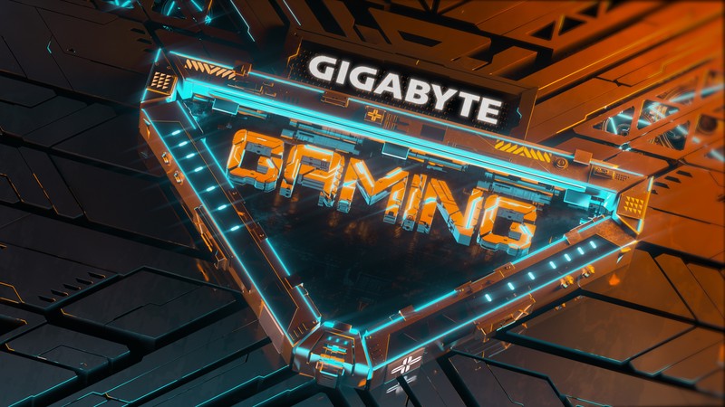 Неоновая вывеска с надписью 'gigabyte gaming'. (гигабайт, gigabyte, игры, gaming, цифровое искусство)