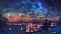 Chica de anime mirando un cielo estrellado sobre un paisaje urbano