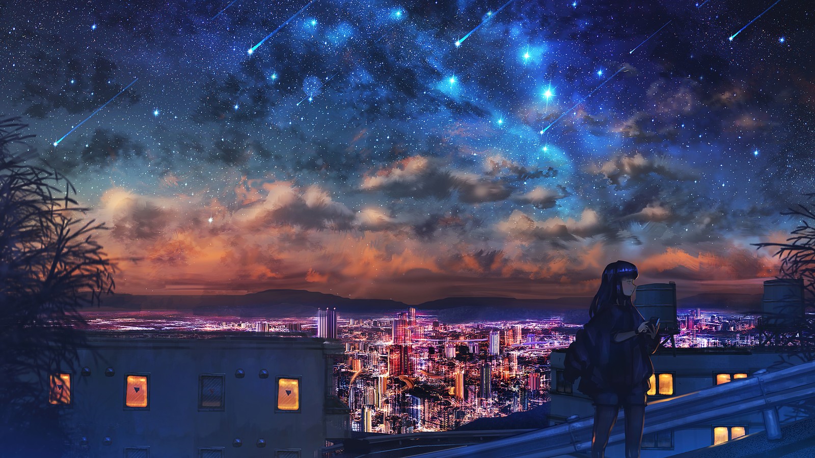 A person standing on a roof looking at the night sky (starry, night, sky, stars, city)