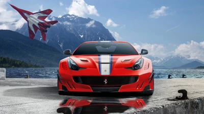 La audacieuse voiture de sport Ferrari F12 en rouge éclatant, placée contre un magnifique paysage montagneux, complétée par un élégant jet de chasse survolant le tout.