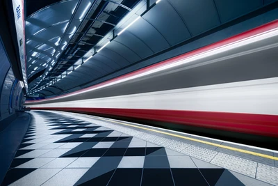 Mouvement flou d'un train de métro rapide à la station Bank, Londres