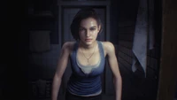 Jill Valentine em Resident Evil 3 Remake: Um momento tenso nas sombras