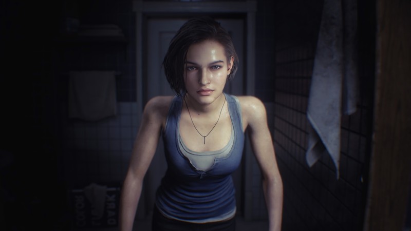 Женщина в синем топе стоит в темной комнате (джилл валентайн, jill valentine, resident evil 3, ремейк, re3)