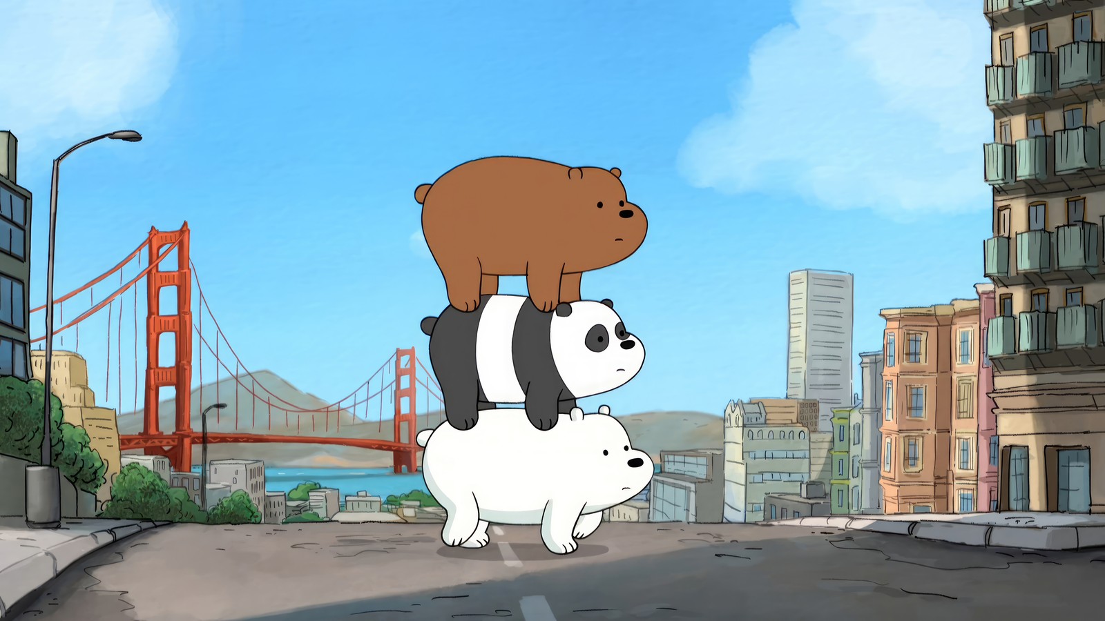 Un primer plano de un oso y un oso en la calle (we bare bears, series de televisión, caricatura)