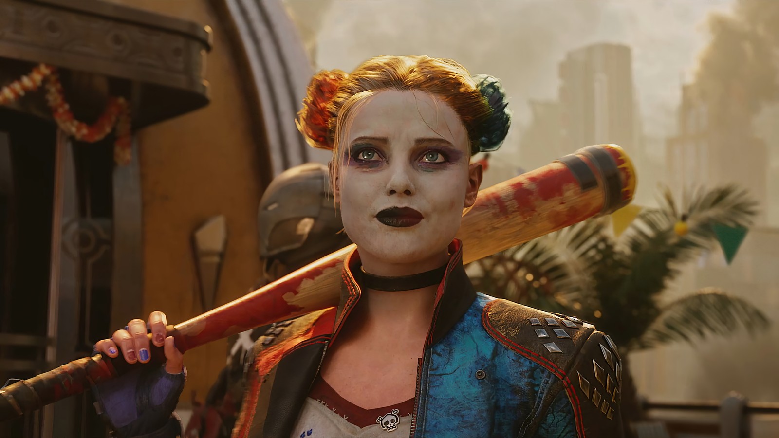 Arafed woman with a baseball bat in her hand and a zombie face (harley quinn, suicide squad kill the justice league, dc, video game)