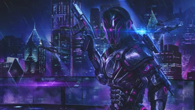 Soldado cyberpunk em uma paisagem urbana de néon