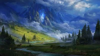 Enchanted Mountain Landscape with Mystical Portal