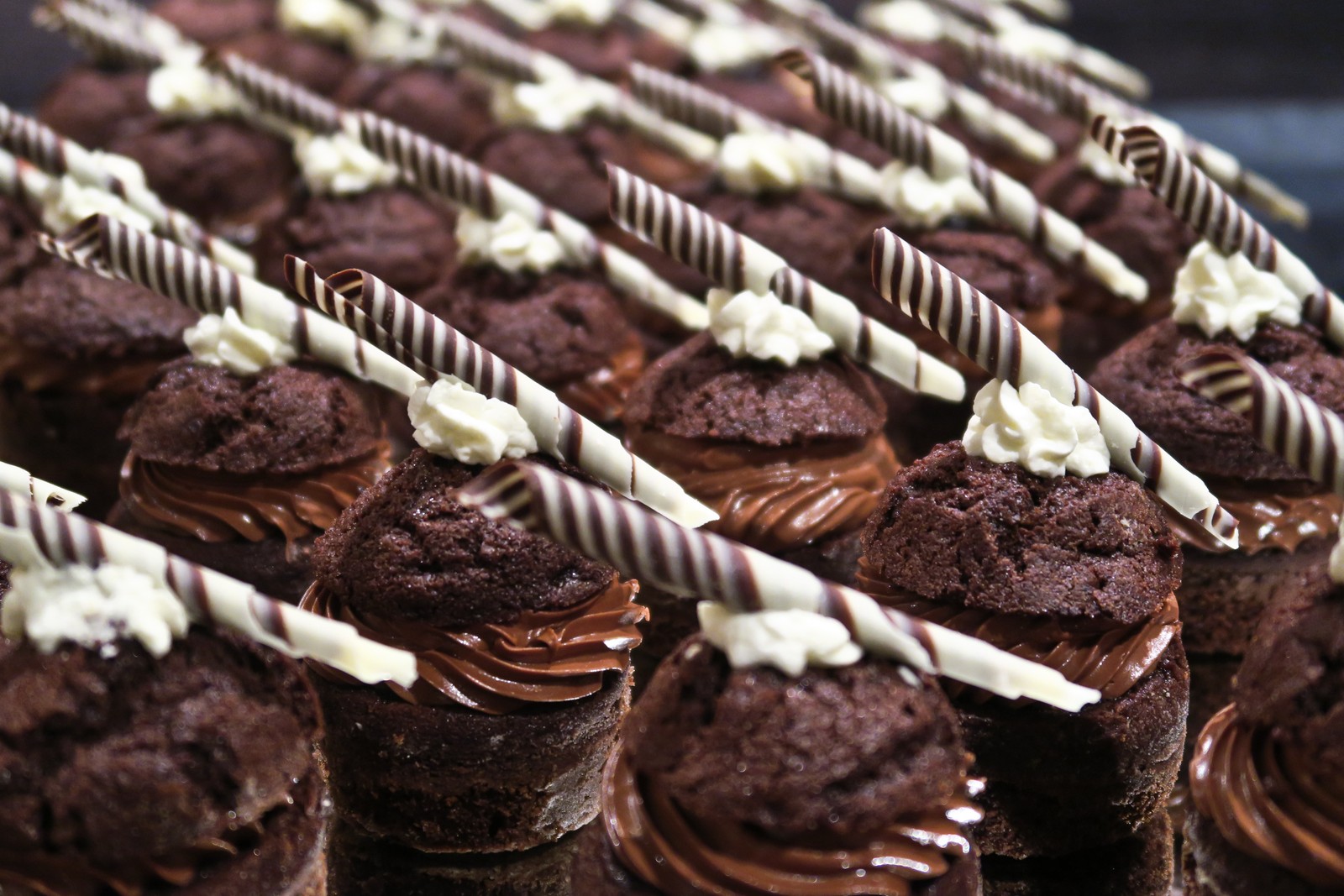 Hay muchos cupcakes de chocolate con glaseado blanco y cobertura de chocolate (pastelito, postre, pastel, pastel de chocolate, pastelería)