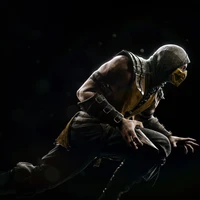 Scorpion from Mortal Kombat X in a dynamic pose against a black background, showcasing intense gaming action.