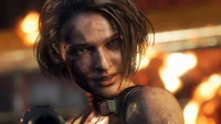 Jill Valentine de Resident Evil 3 Remake, determinada e marcada pela batalha em meio às chamas.