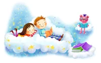 cartoon, illustration, friendship, happiness, cloud wallpaper