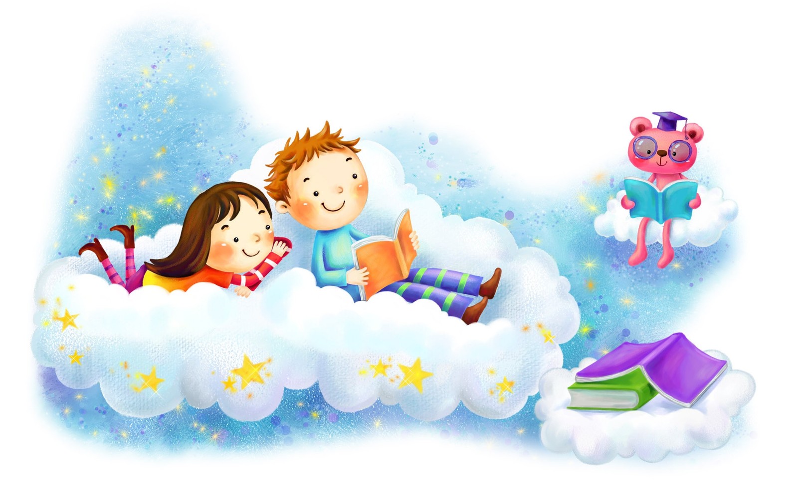 Illustration d'un couple d'enfants lisant un livre dans un nuage (cartoon, illustration, amitié, bonheur, nuage)