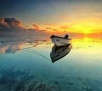 Serene Boat at Sunset on a Tranquil River