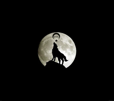 Um lobo uivando para uma lua cheia, com um símbolo de crescente e estrela acima dele.