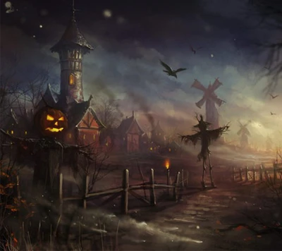 Encantador paisaje nocturno de Halloween con casa embrujada y espantapájaros