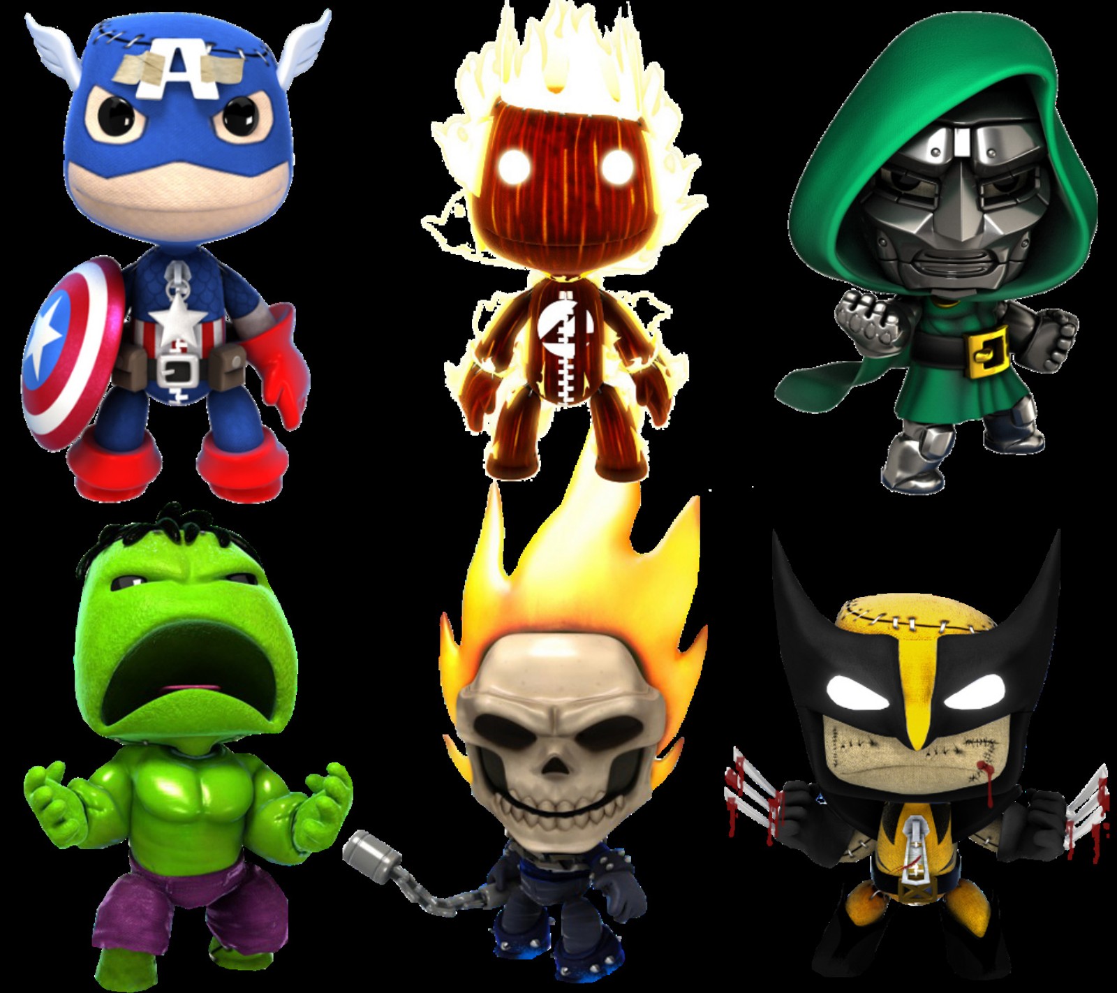 Un grupo de figuras de acción de varios personajes en varias poses (gran pequeño planeta, marvel, ps3, sackboy)